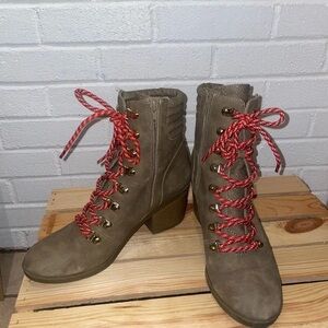 Taupe Lace-Up Block Heel Ankle Boots with Red Accent Laces